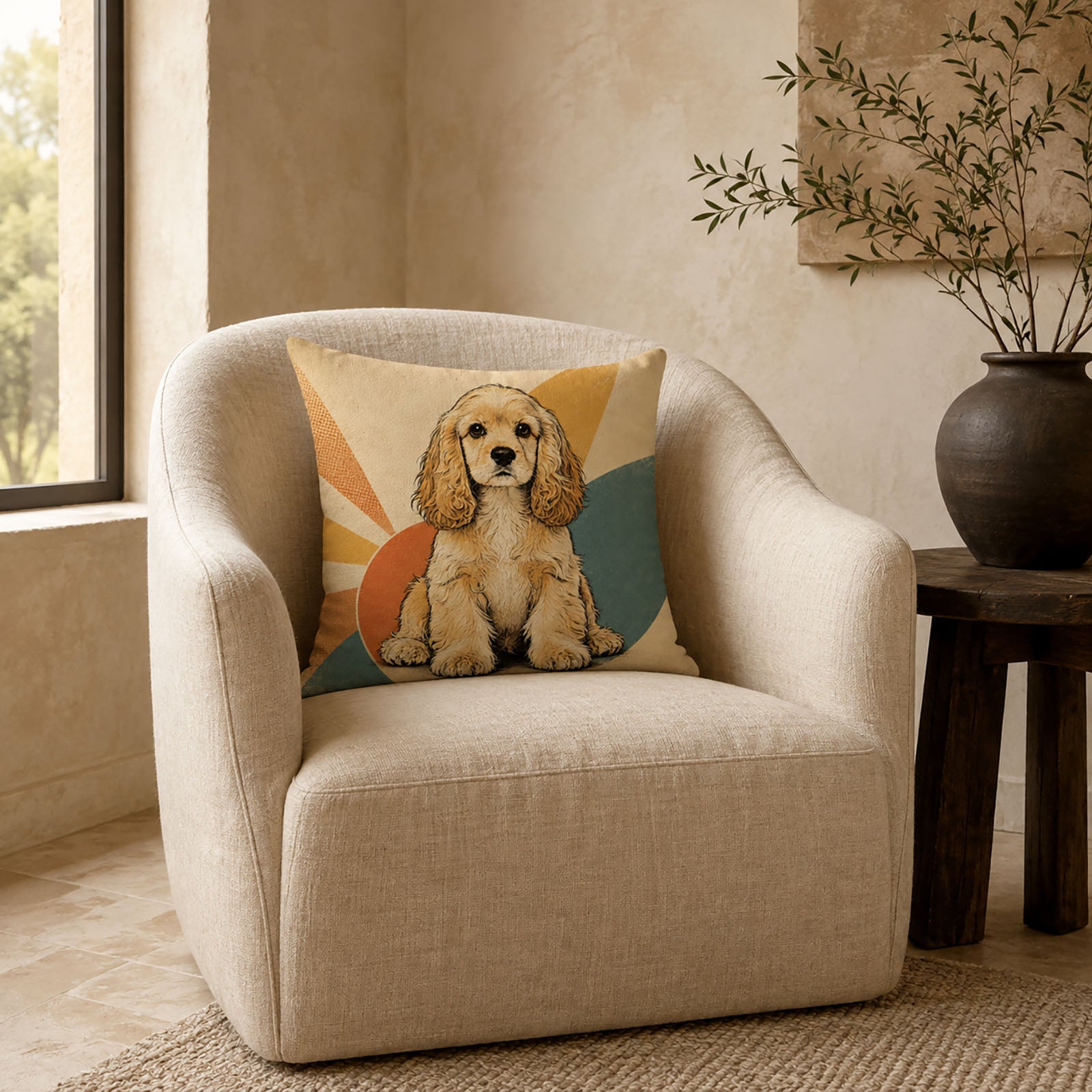 One-of-a-kind vintage comic dog portrait pillow cover displayed in an elegant neutral living room as personalized home décor