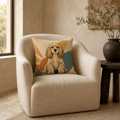 One-of-a-kind vintage comic dog portrait pillow cover displayed in an elegant neutral living room as personalized home décor