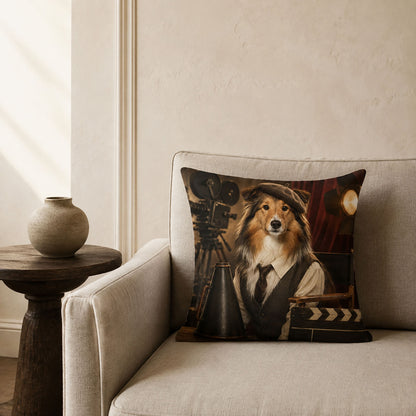 Personalized retro cinema dog portrait pillow cover displayed on a neutral sofa in an elegant living room.