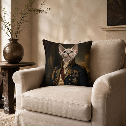 One-of-a-kind Victorian cat portrait pillow cover displayed in an elegant neutral living room as personalized luxury home décor