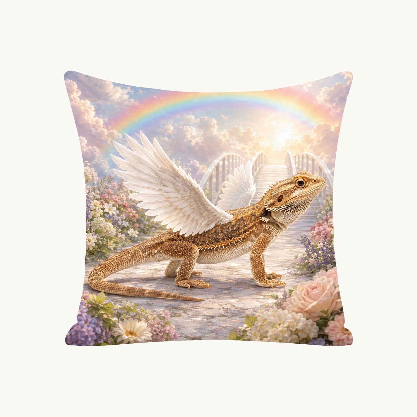 Custom bearded dragon memorial pillow cover with white angel wings, flowers and a rainbow bridge