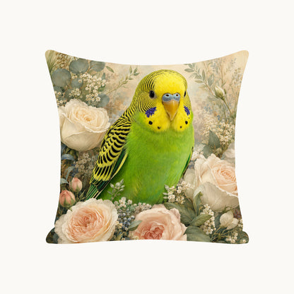 Custom budgie portrait pillow cover from a pet photo with a green parakeet surrounded by ivory and blush flowers
