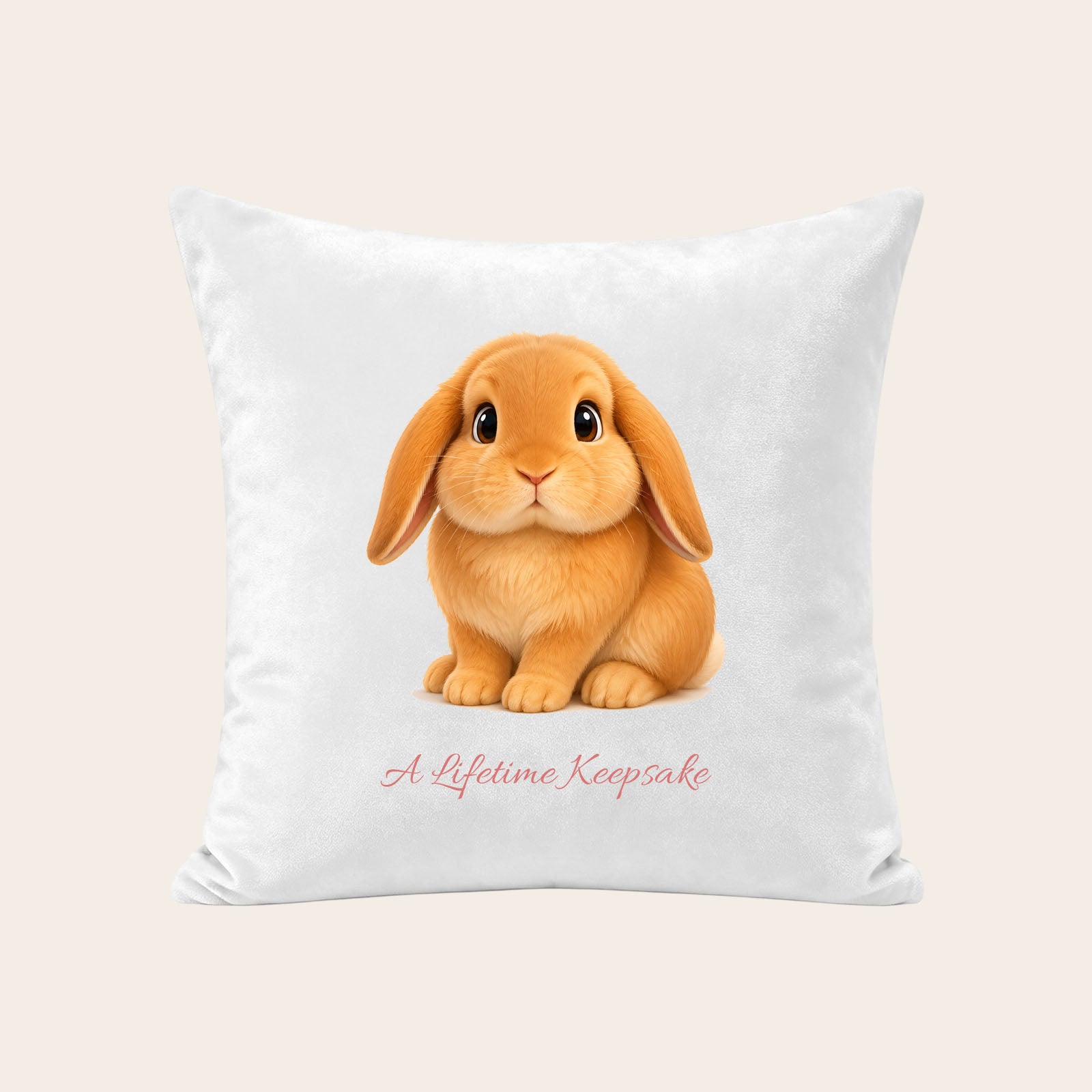 Custom bunny pillow cover from photo featuring a personalized rabbit portrait on premium white fabric by HarmengDen®.