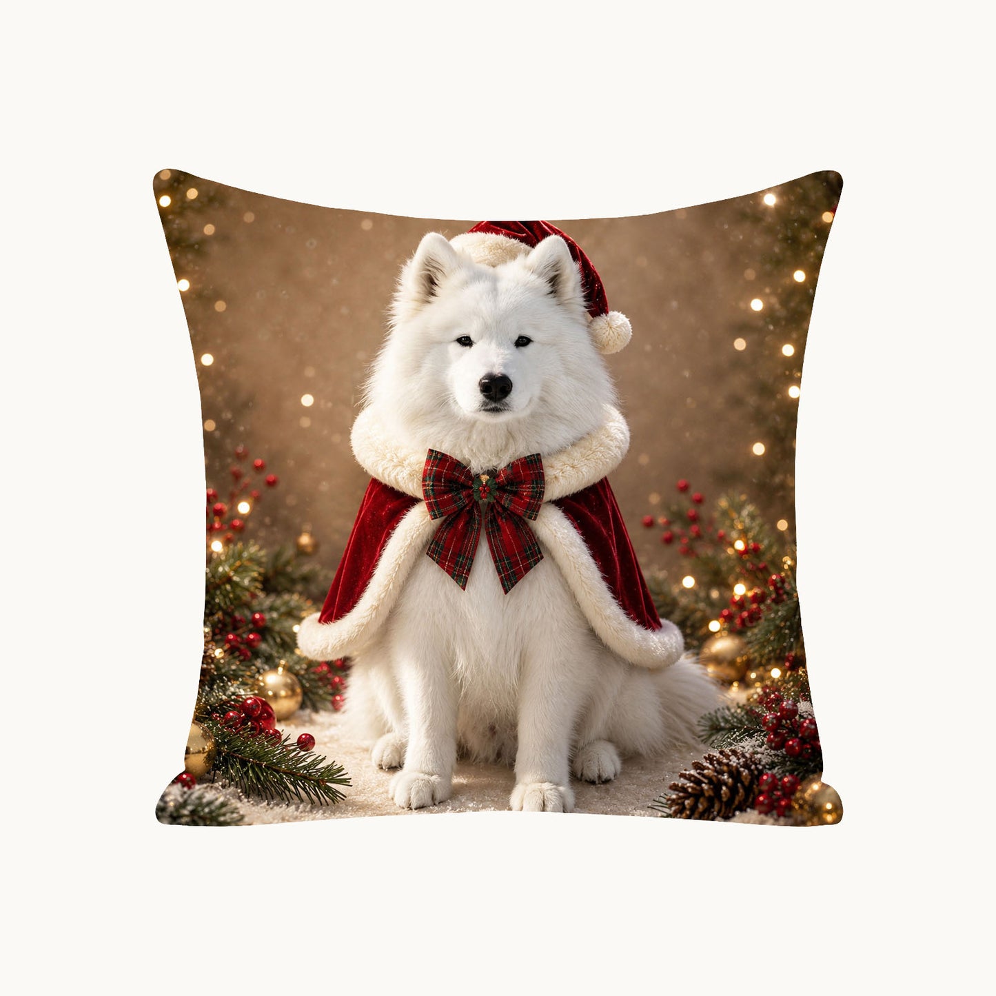 Custom Christmas pet portrait pillow cover made from a dog photo with a personalized Samoyed holiday design