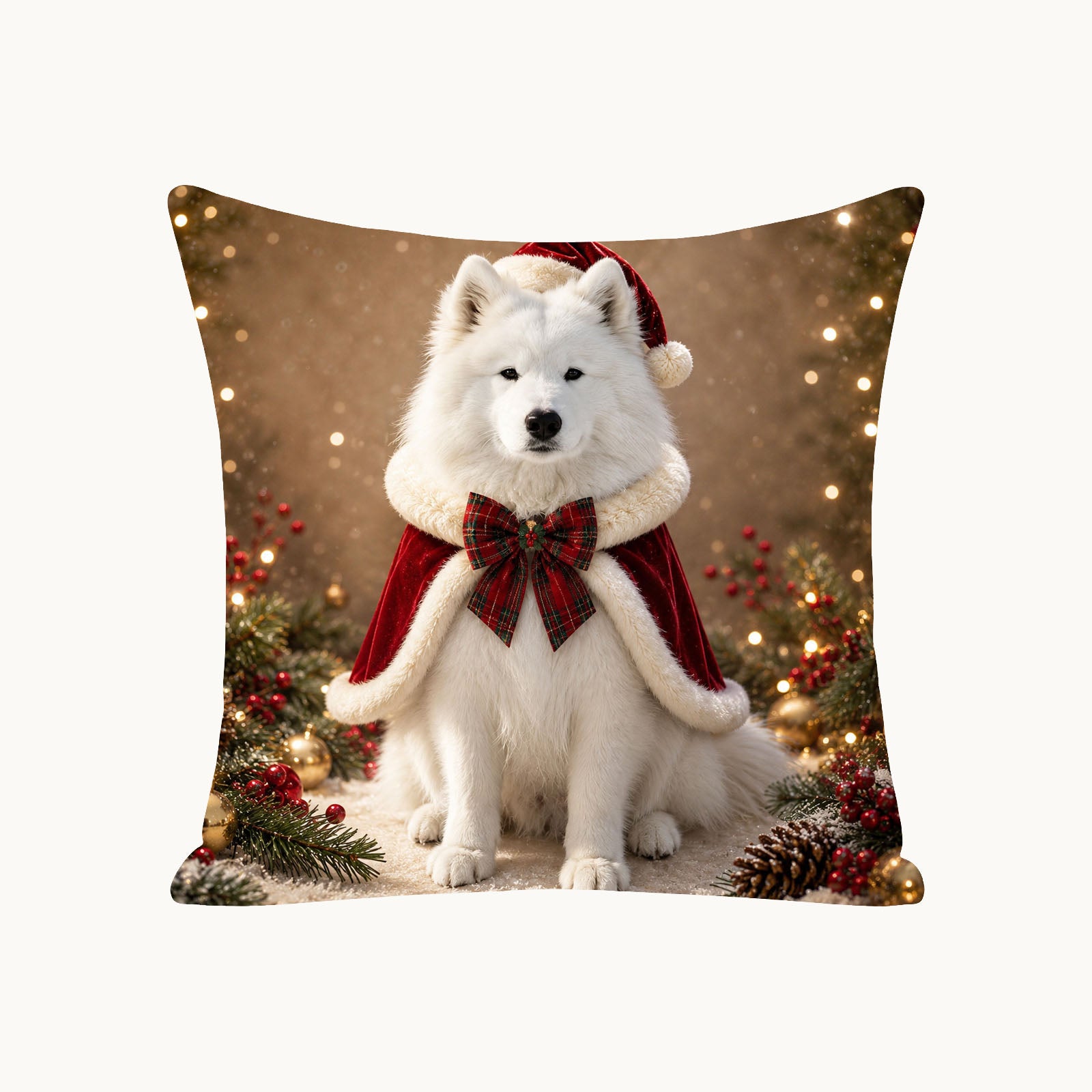 Custom Christmas pet portrait pillow cover made from a dog photo with a personalized Samoyed holiday design
