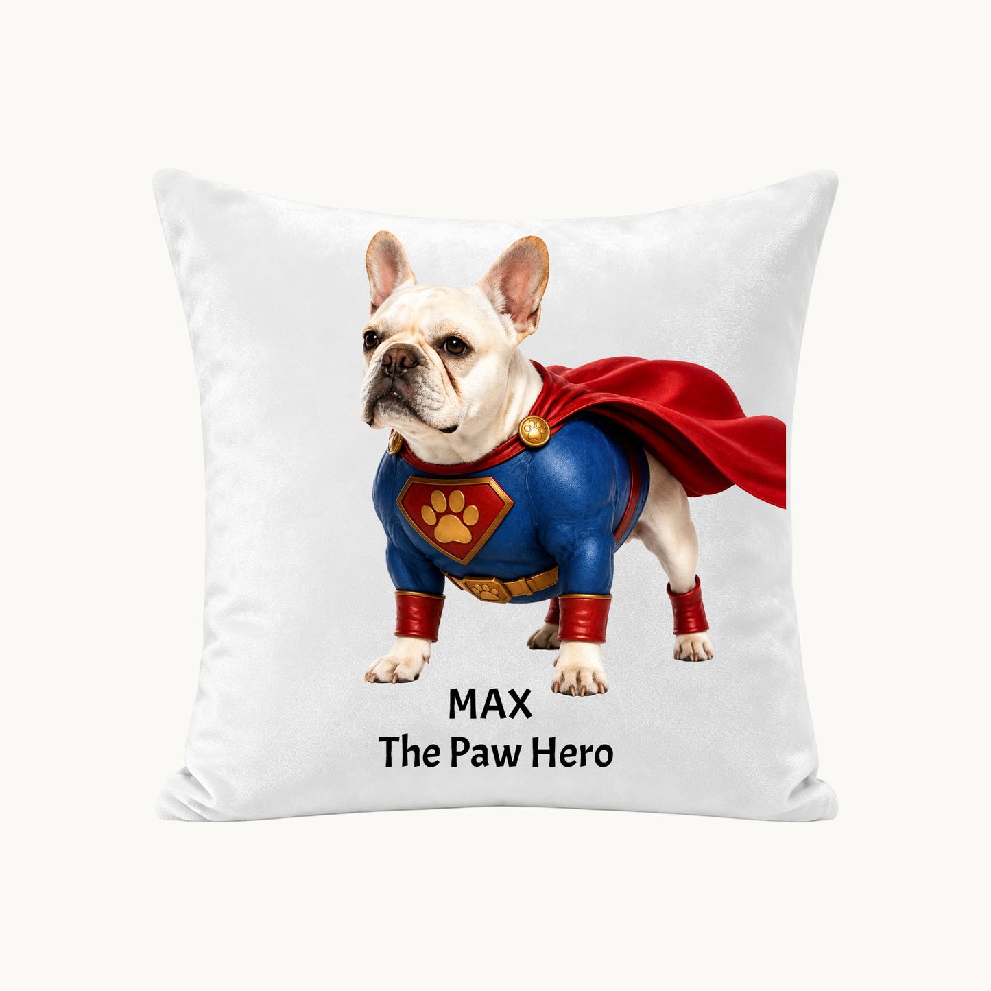 Custom dog portrait pillow featuring personalized pet artwork in superhero style, unique dog lover gift and custom photo pillow cover