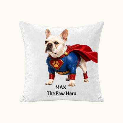 Custom dog portrait pillow featuring personalized pet artwork in superhero style, unique dog lover gift and custom photo pillow cover