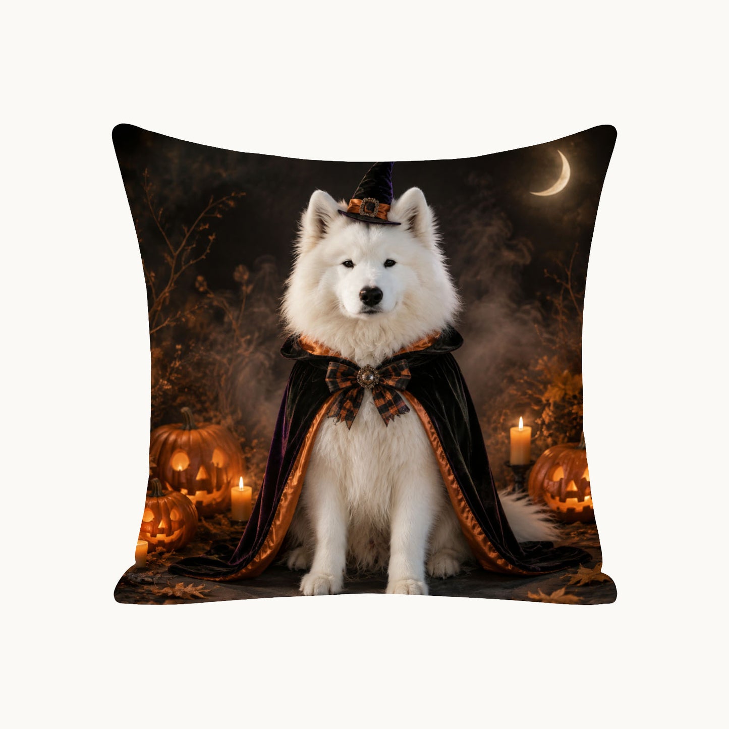 Custom Halloween pet portrait pillow cover featuring a Samoyed transformed from a photo into a one-of-a-kind Renaissance-inspired keepsake design