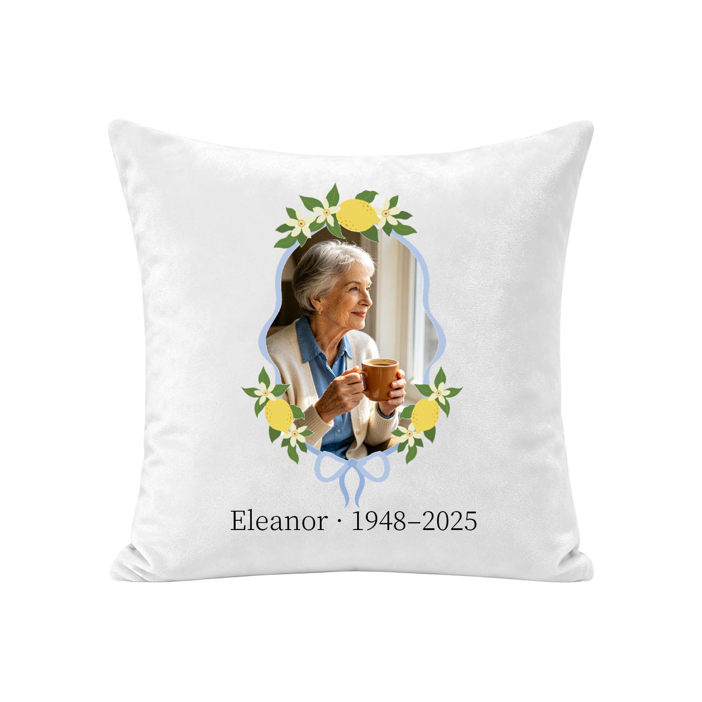 Personalized memorial pillow cover made from a loved one’s photo with floral frame, name and remembrance dates