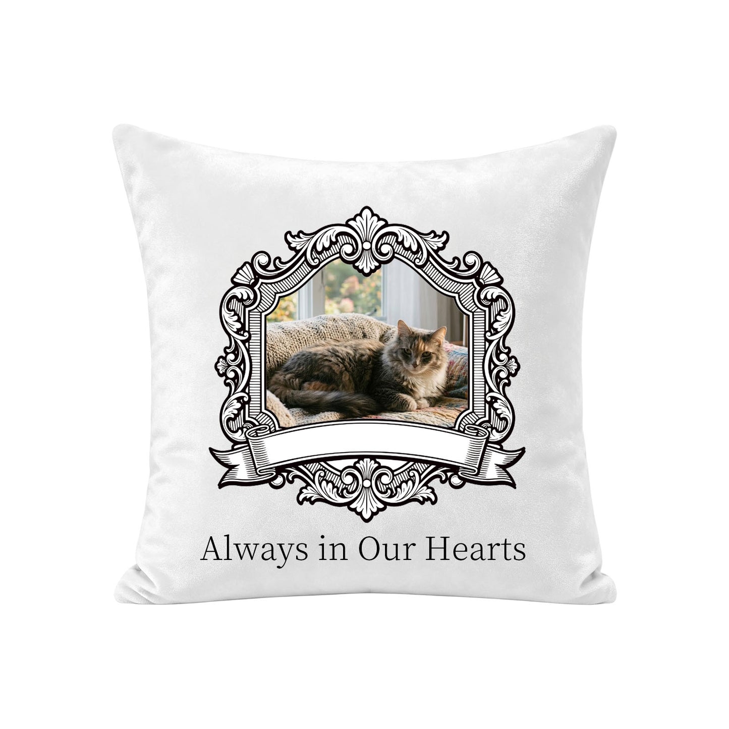 Custom pet memorial pillow cover made from a cat photo with an ornate frame and Always in Our Hearts message
