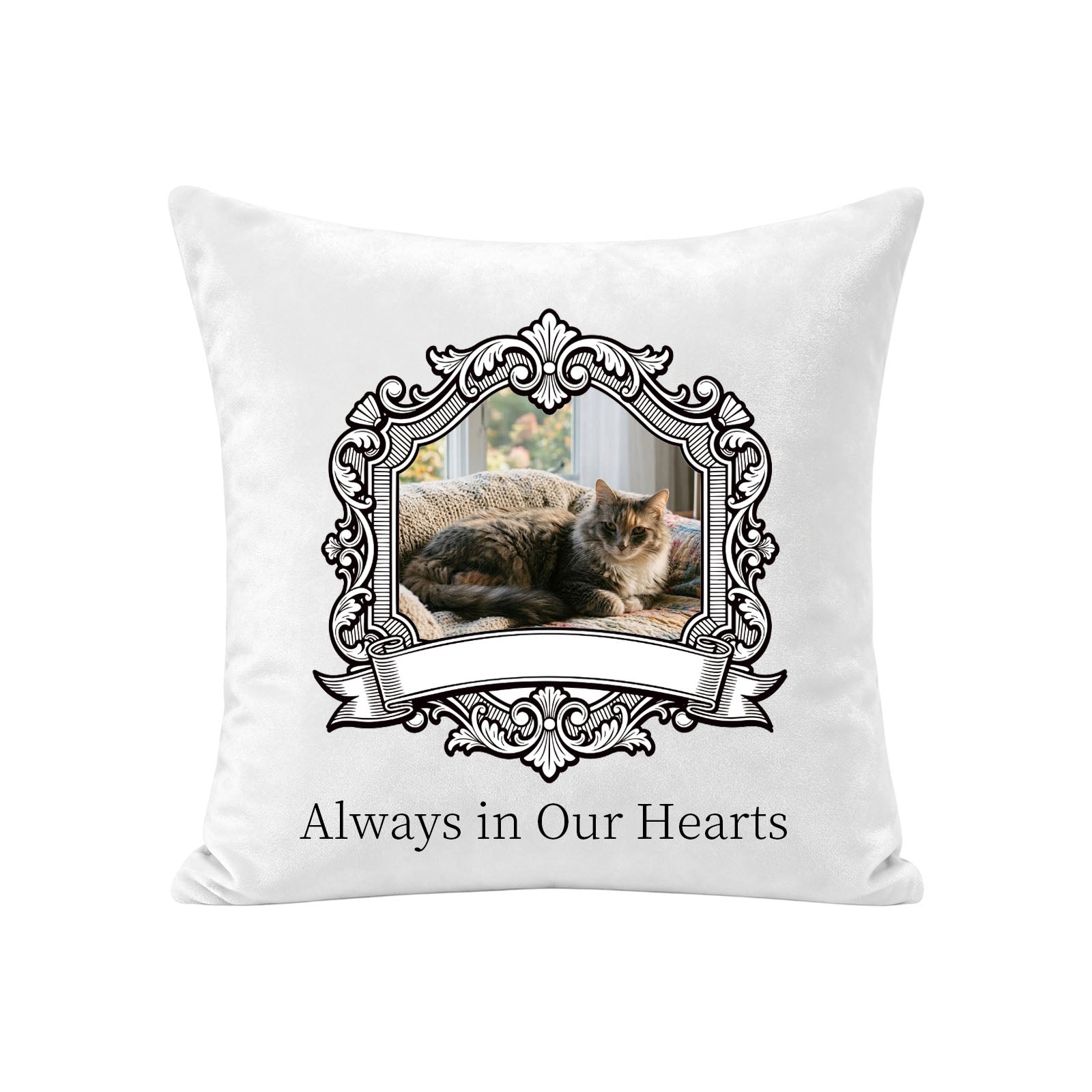 Custom pet memorial pillow cover made from a cat photo with an ornate frame and Always in Our Hearts message