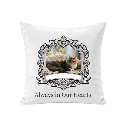 Custom pet memorial pillow cover made from a cat photo with an ornate frame and Always in Our Hearts message