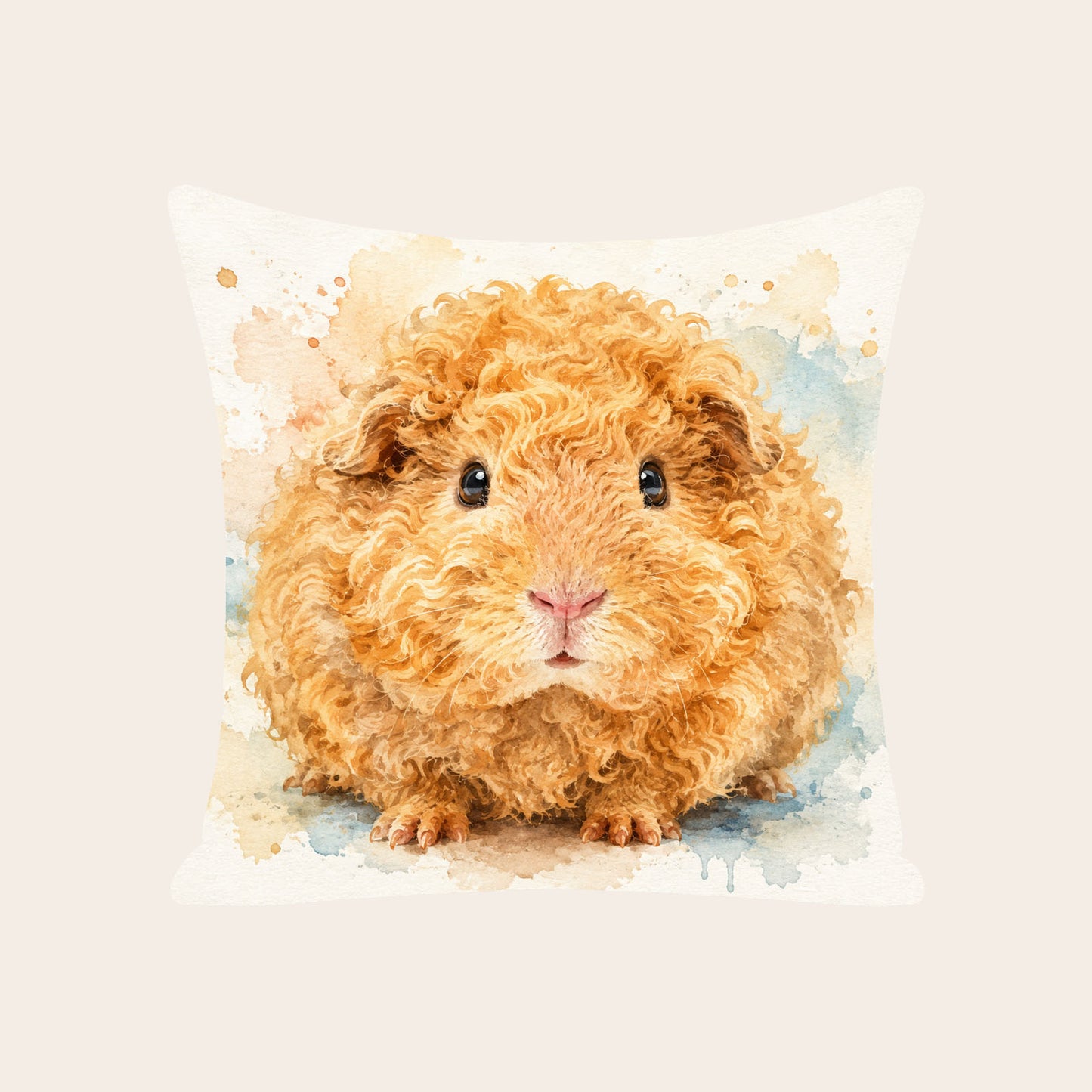 Custom pet portrait pillow cover from photo featuring a personalized watercolor guinea pig artwork design by HarmengDen®
