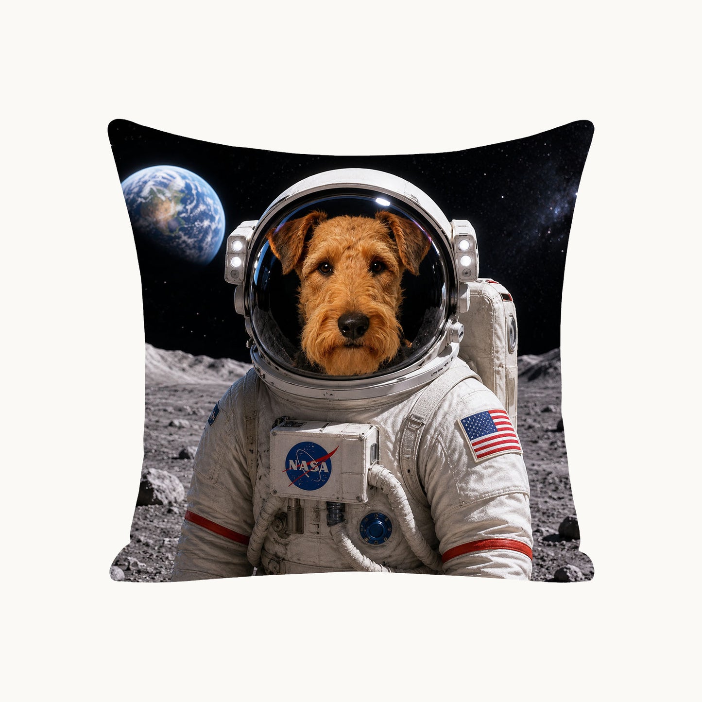 Custom pet portrait pillow cover transformed from original dog photo into astronaut style artwork, personalized photo pillow keepsake gift