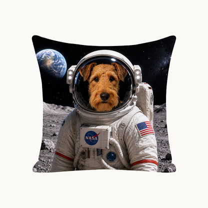 Custom pet portrait pillow cover transformed from original dog photo into astronaut style artwork, personalized photo pillow keepsake gift