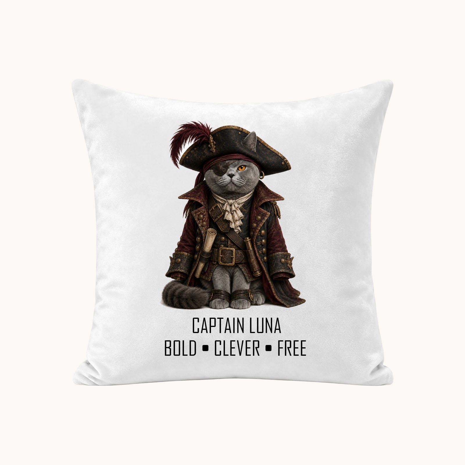 Custom pirate cat portrait pillow cover made from a pet photo with personalized name and message