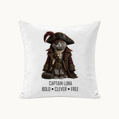Custom pirate cat portrait pillow cover made from a pet photo with personalized name and message