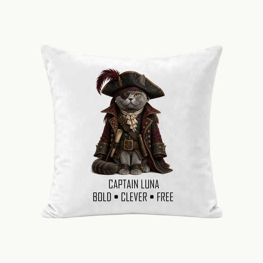 Custom pirate cat portrait pillow cover made from a pet photo with personalized name and message