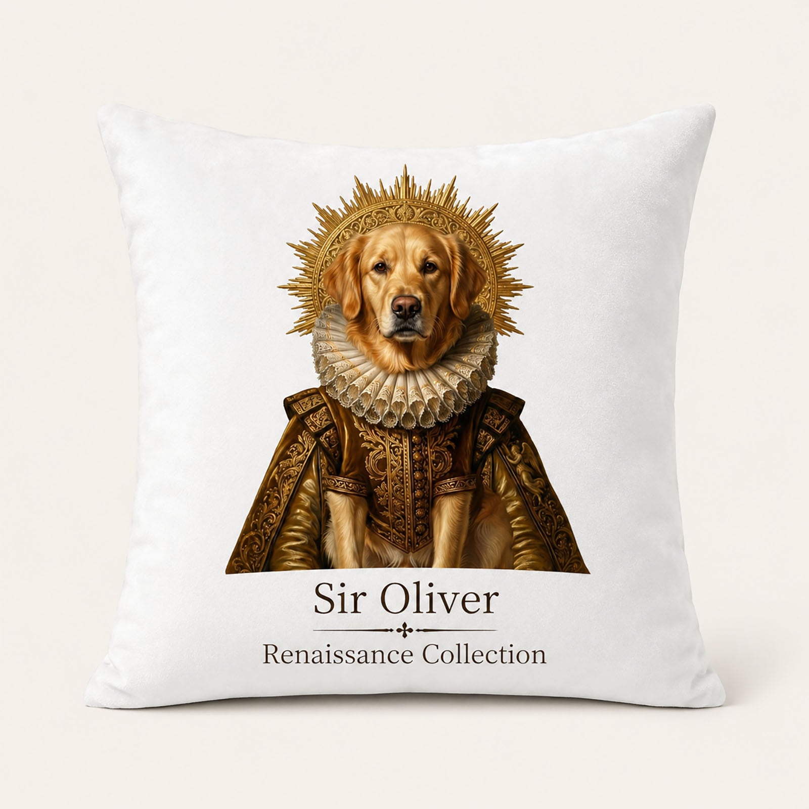 Custom Renaissance pet portrait pillow cover featuring a golden retriever named Sir Oliver.