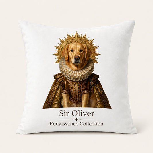 Custom Renaissance pet portrait pillow cover featuring a golden retriever named Sir Oliver.