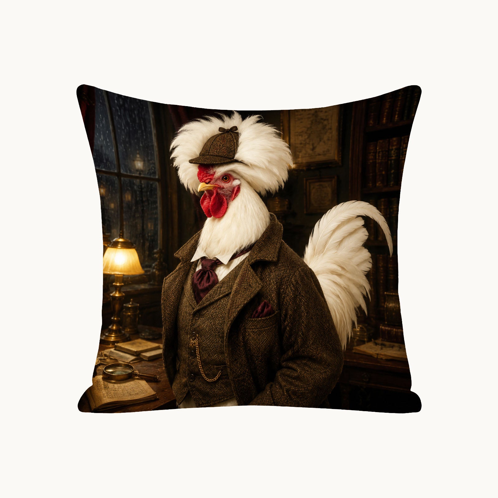 Custom rooster portrait pillow cover from photo featuring a white chicken transformed into a gentleman detective in a vintage library.