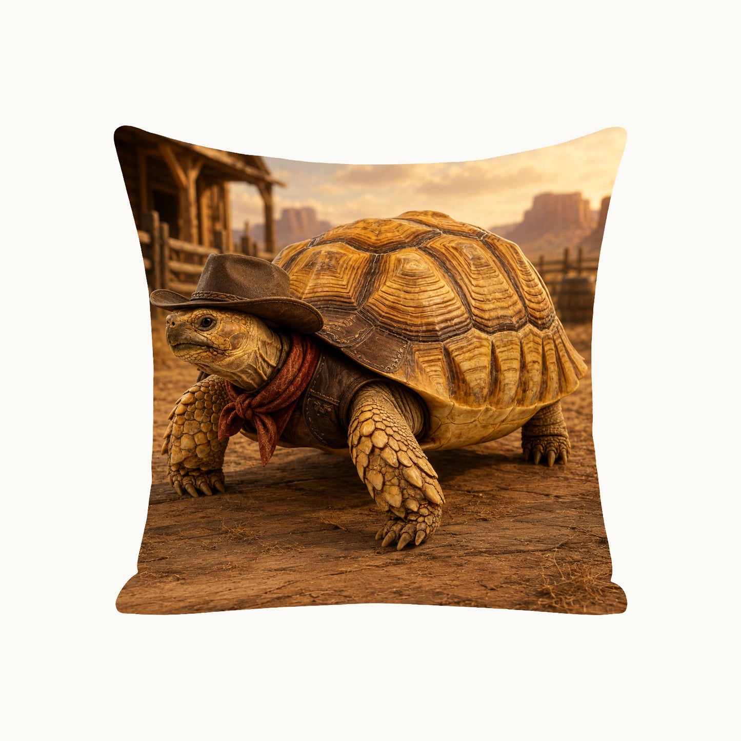 Custom tortoise portrait pillow cover from photo featuring a golden land tortoise transformed into a Western cowboy character.