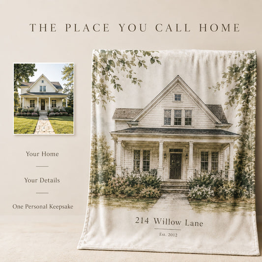 Custom house portrait blanket created from a meaningful home photo with personalized address and keepsake details.