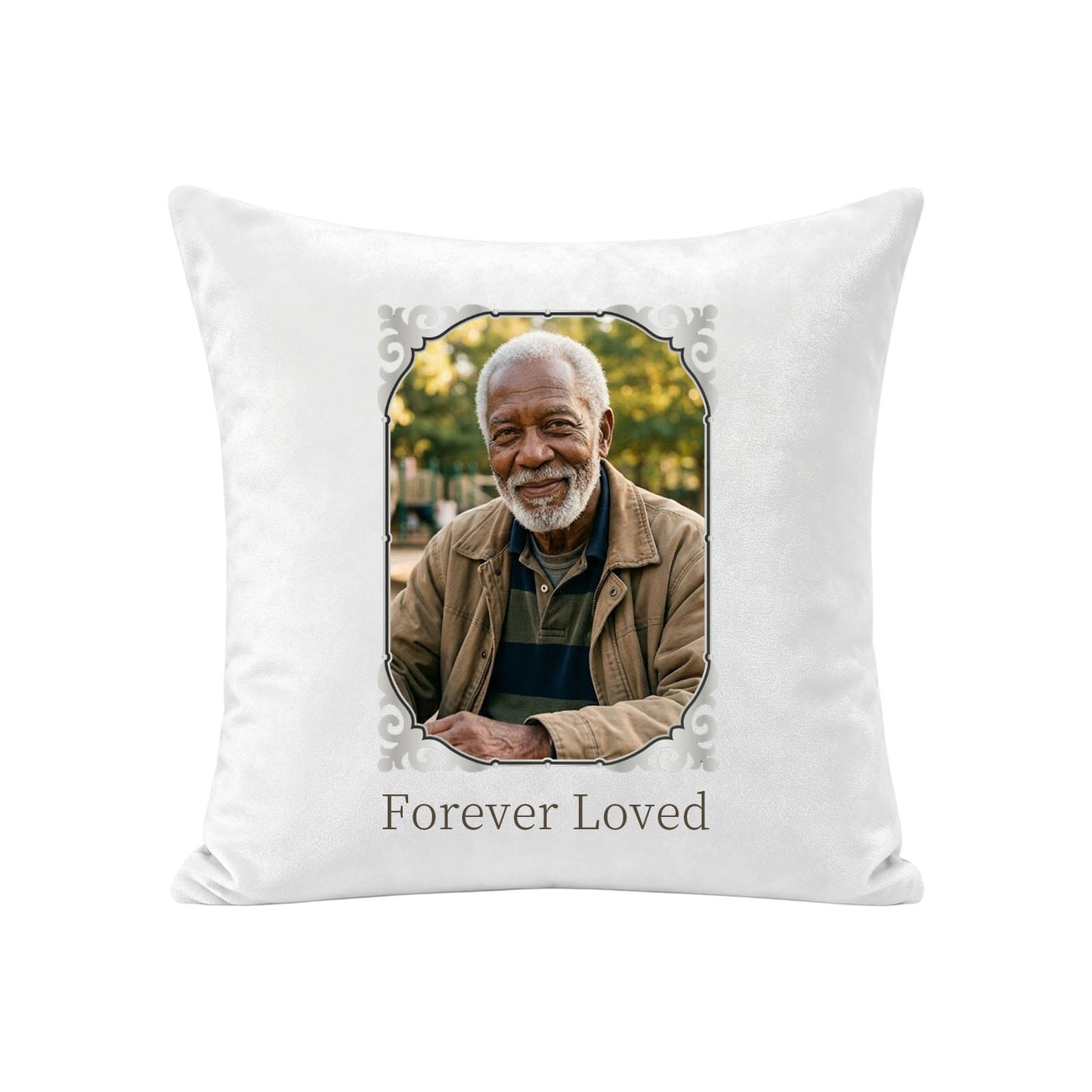 Personalized memorial pillow cover made from a cherished photo with a silver frame and Forever Loved message, pillow insert not included