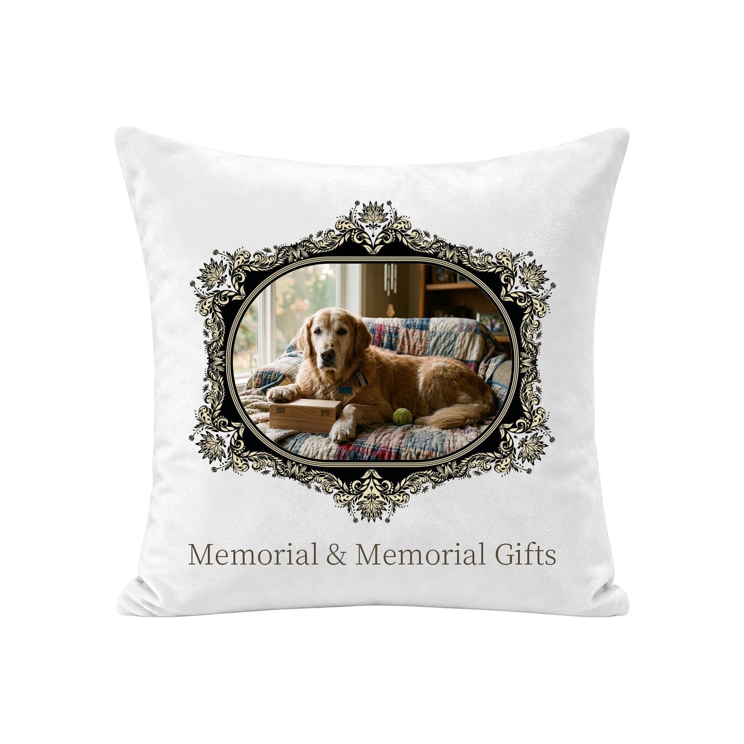 Personalized pet memorial pillow cover made from a golden retriever photo with an ornate black and gold frame, pillow insert not included