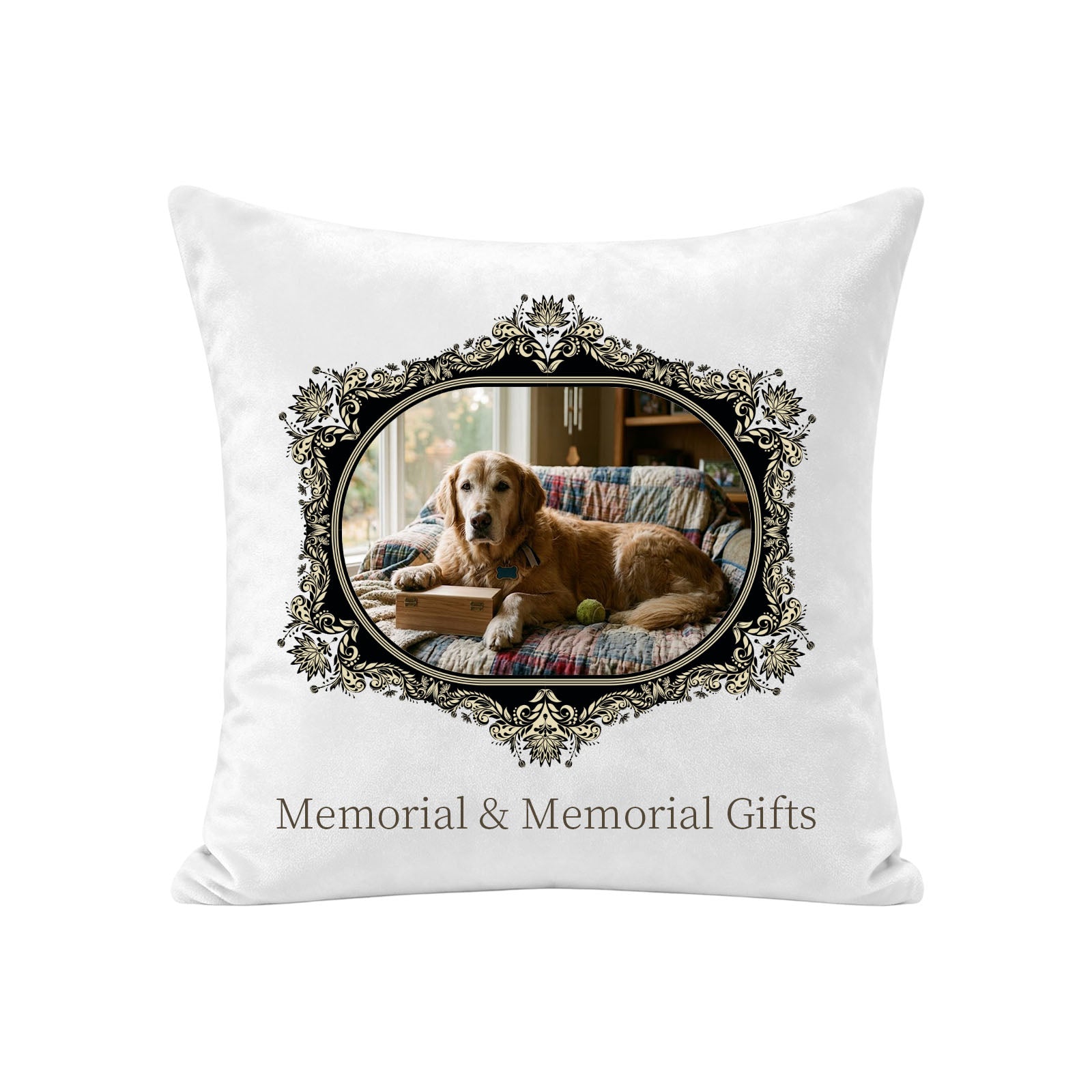 Personalized pet memorial pillow cover made from a golden retriever photo with an ornate black and gold frame, pillow insert not included