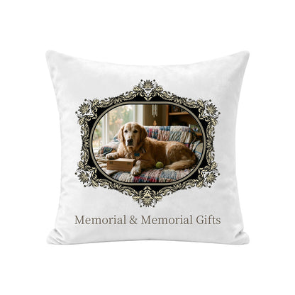 Personalized pet memorial pillow cover made from a golden retriever photo with an ornate black and gold frame, pillow insert not included
