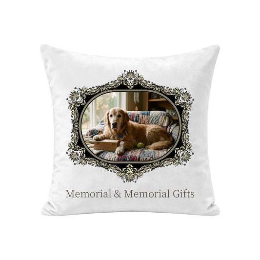 Personalized pet memorial pillow cover made from a golden retriever photo with an ornate black and gold frame, pillow insert not included