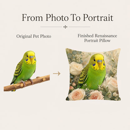 Original budgie photo transformed into a custom floral parakeet portrait pillow cover