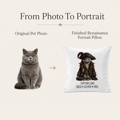 Cat photo transformed into a personalized pirate pet portrait pillow cover and one-of-a-kind keepsake