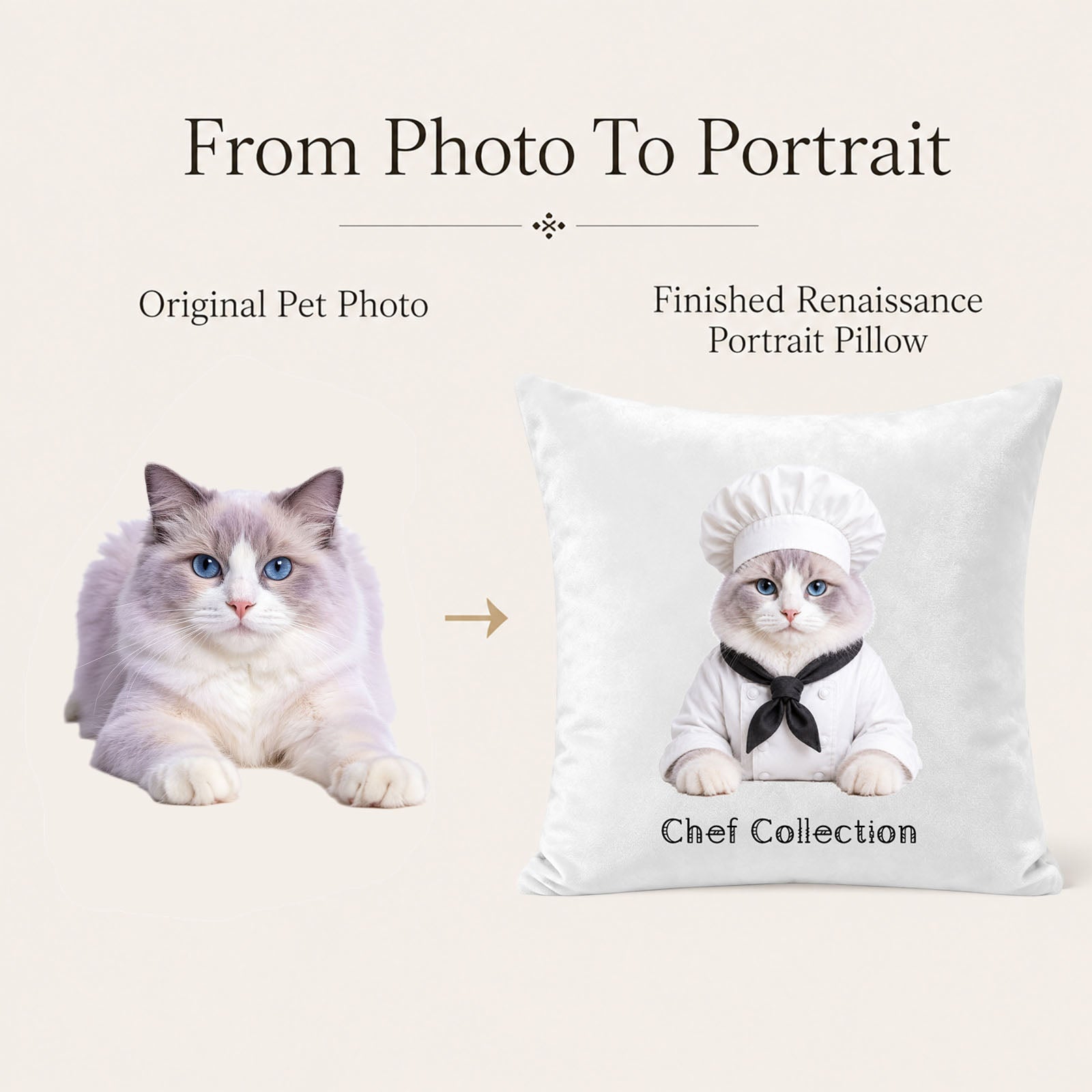 Custom cat photo transformed into a chef portrait pillow cover, personalized pet artwork from photo to premium textile keepsake