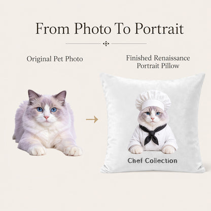 Custom cat photo transformed into a chef portrait pillow cover, personalized pet artwork from photo to premium textile keepsake