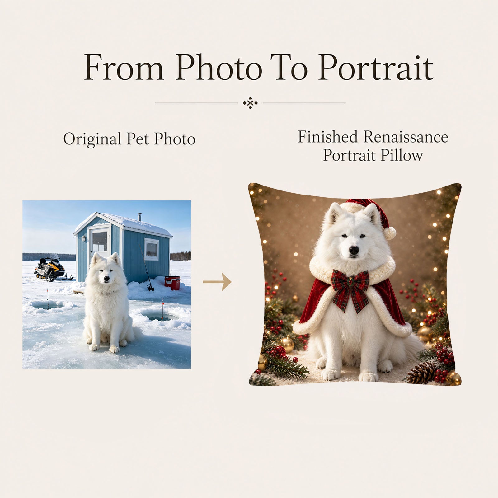 Dog photo transformed into a personalized Christmas pet portrait pillow cover and one-of-a-kind holiday keepsake