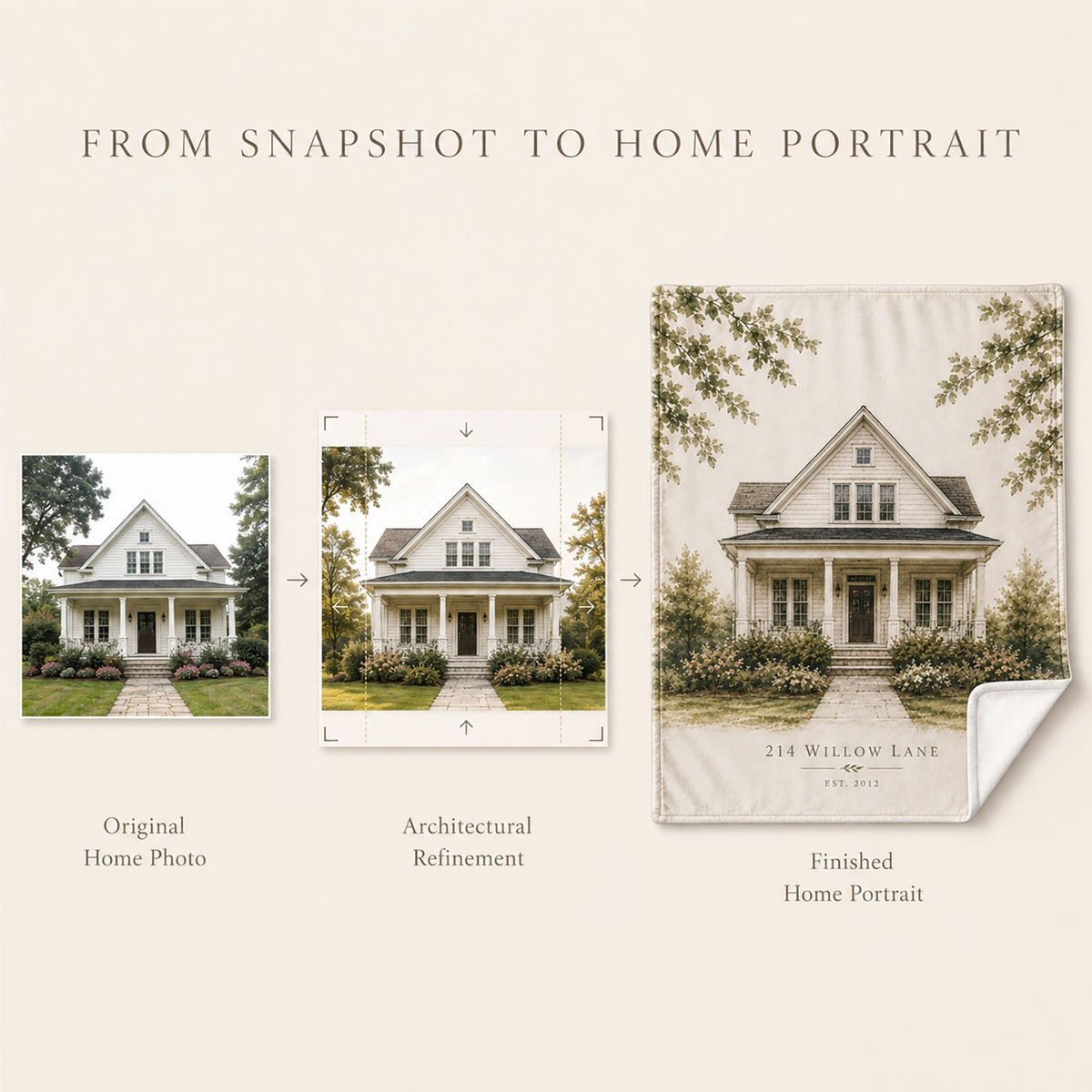 Original home photo refined into an architectural portrait and finished personalized house portrait blanket.