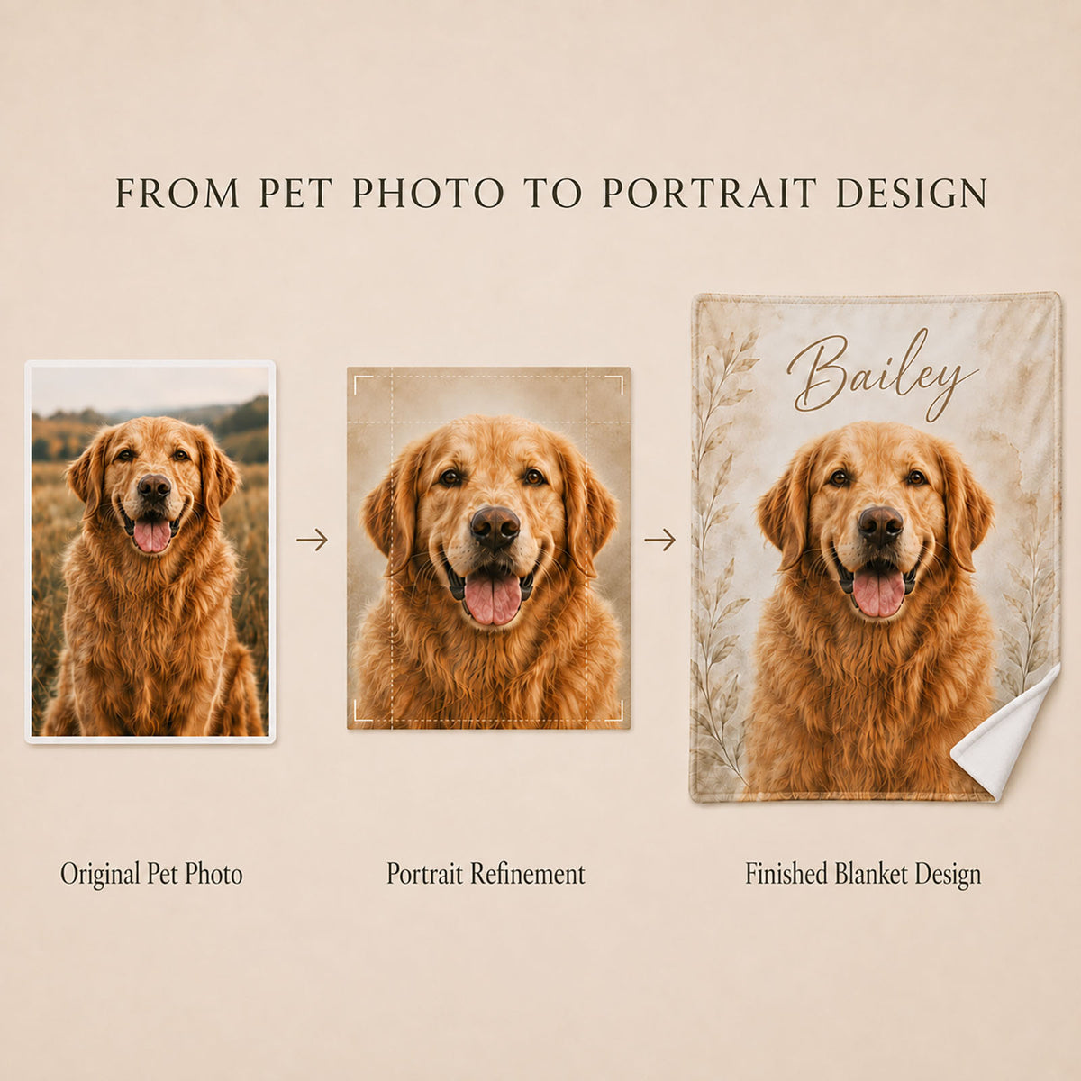 Pet photo transformed into a refined custom portrait design and finished personalized pet blanket.