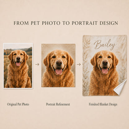 Pet photo transformed into a refined custom portrait design and finished personalized pet blanket.