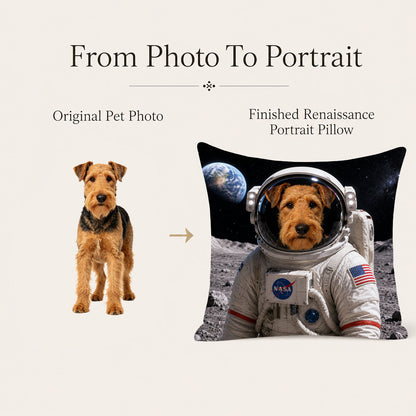 Personalized dog pillow cover with multiple portrait styles including astronaut, renaissance, royal and watercolor pet artwork designs