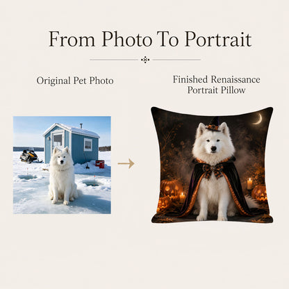 Pet photo transformed into a personalized Halloween portrait pillow cover with professional enhancement and made-to-order artwork