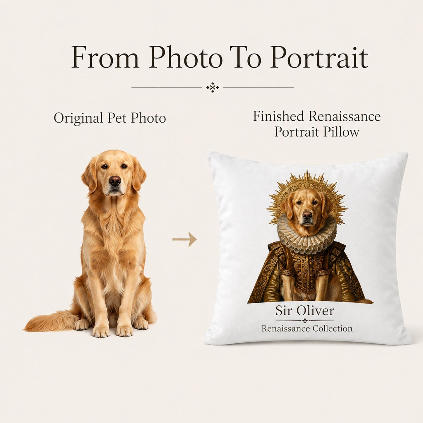 Golden retriever photo transformed into a custom Renaissance pet portrait pillow cover.