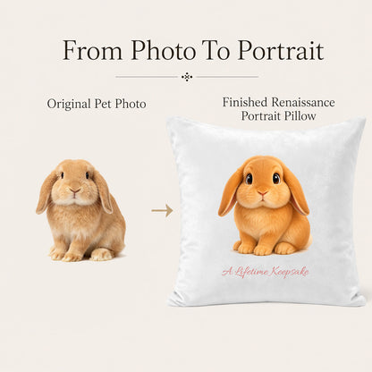 Before and after custom bunny pillow transformation from rabbit photo to personalized portrait pillow cover.