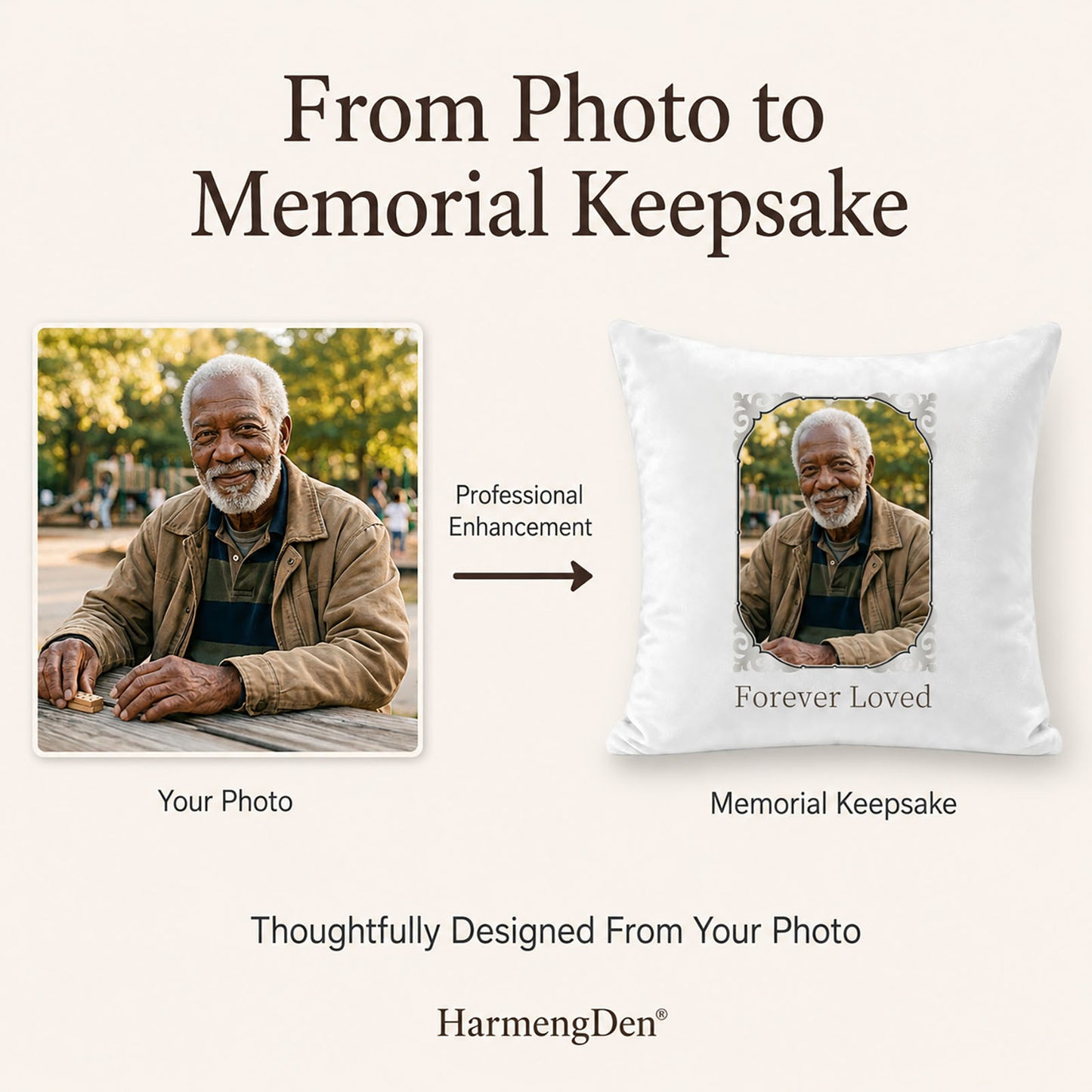 Customer photo professionally arranged into a personalized memorial keepsake pillow cover with a portrait and remembrance message