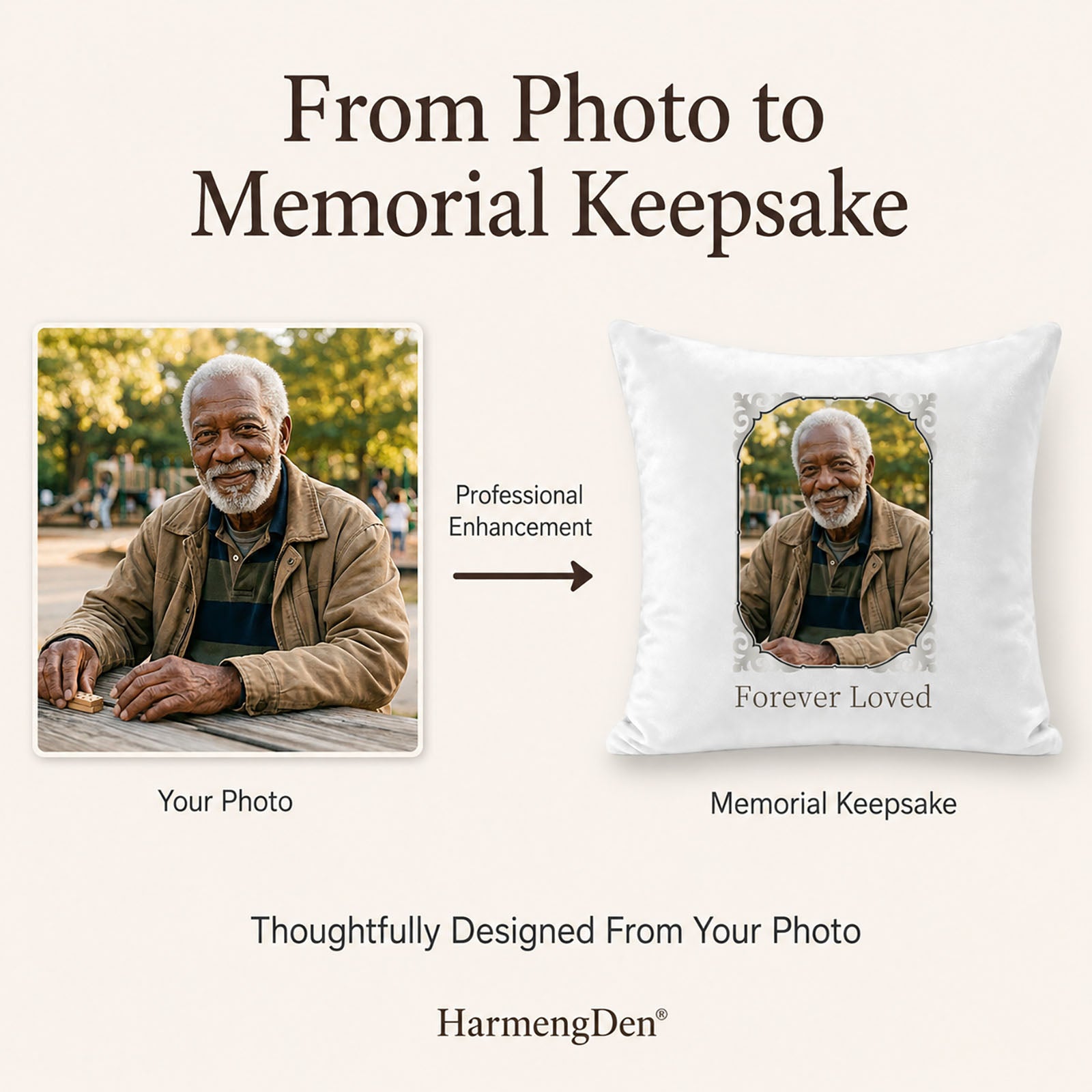 Customer photo professionally arranged into a personalized memorial keepsake pillow cover with a portrait and remembrance message
