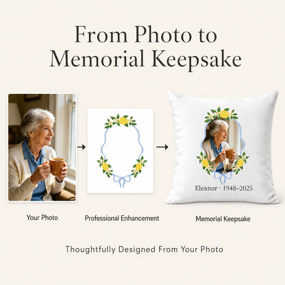 Original photo transformed into a personalized memorial pillow cover with floral frame, name and remembrance dates