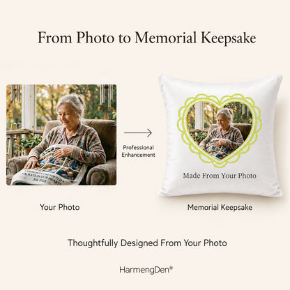 Customer photo professionally arranged into a personalized memorial pillow cover with custom keepsake layout by HarmengDen®