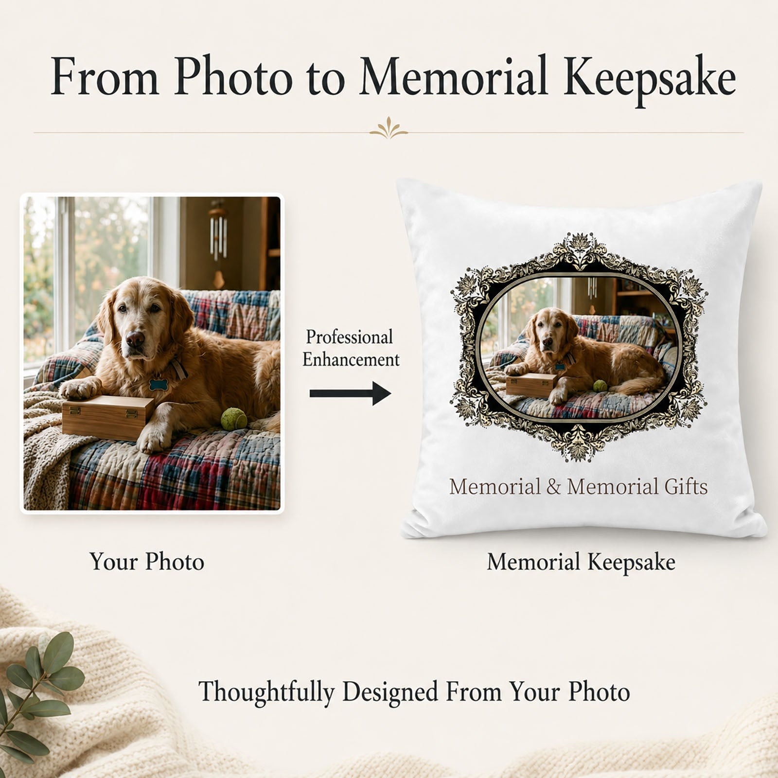 Golden retriever photo professionally arranged into a personalized pet memorial keepsake pillow cover