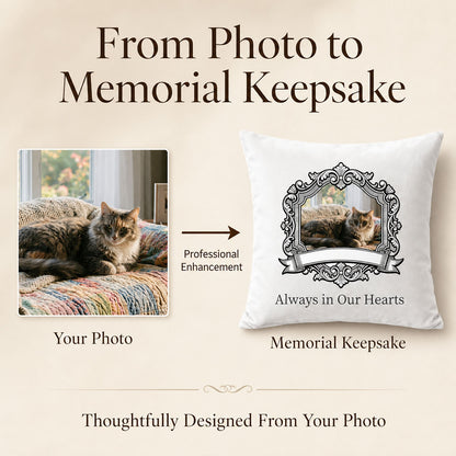 Customer cat photo professionally arranged into a personalized pet memorial pillow cover keepsake
